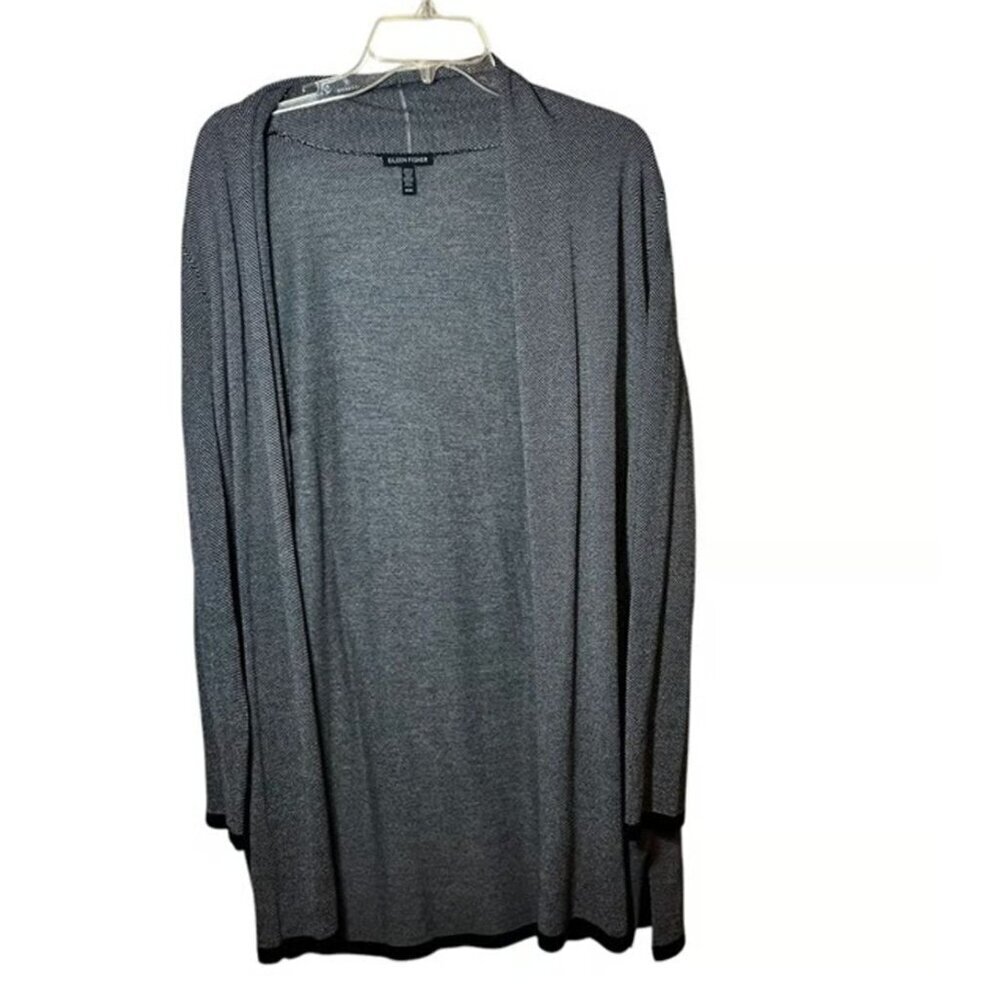 Eileen Fisher Gray Open-Front Cardigan M Italian Yarn Tencel Blend Long Sleeve